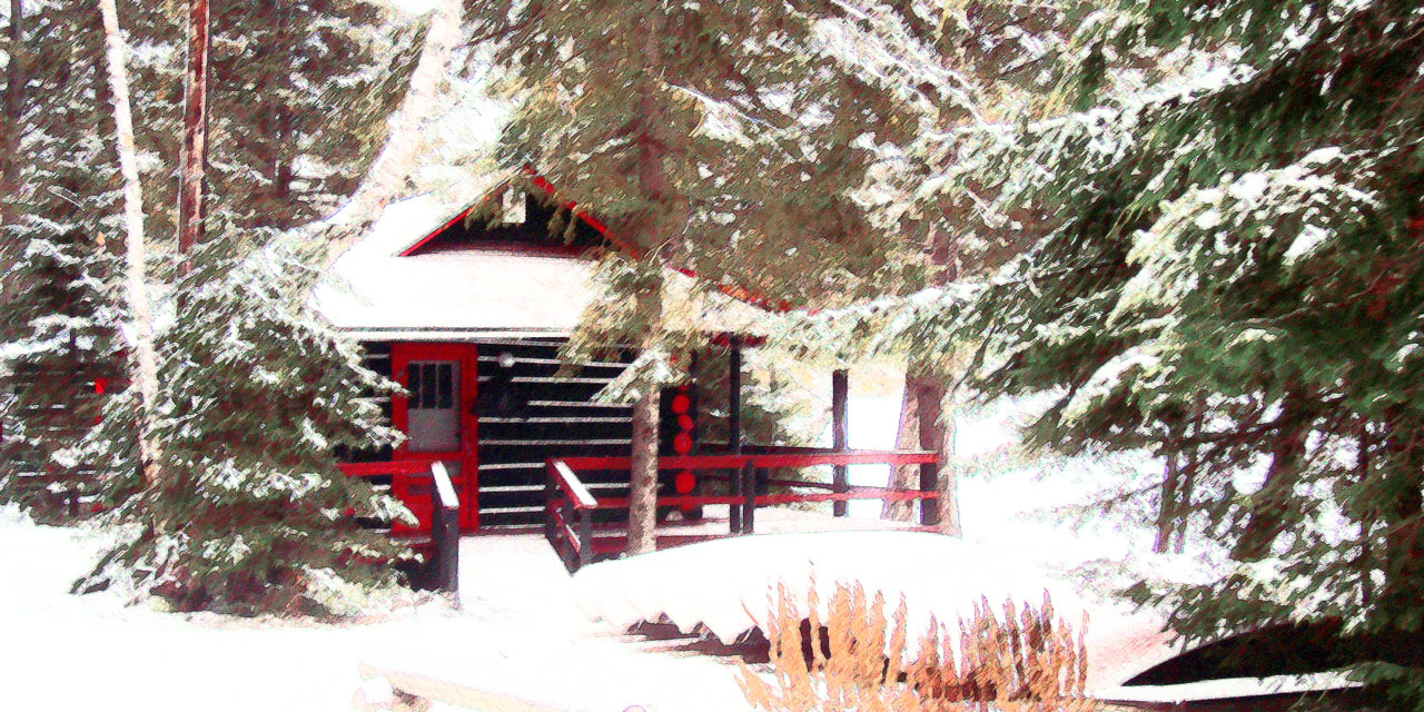 artsy sketch of winter cabin at Killarney Lodge Algowuin Park